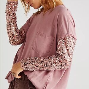 Free People Celine Sequin Long Sleeve Tee Pink Sz XS Oversized